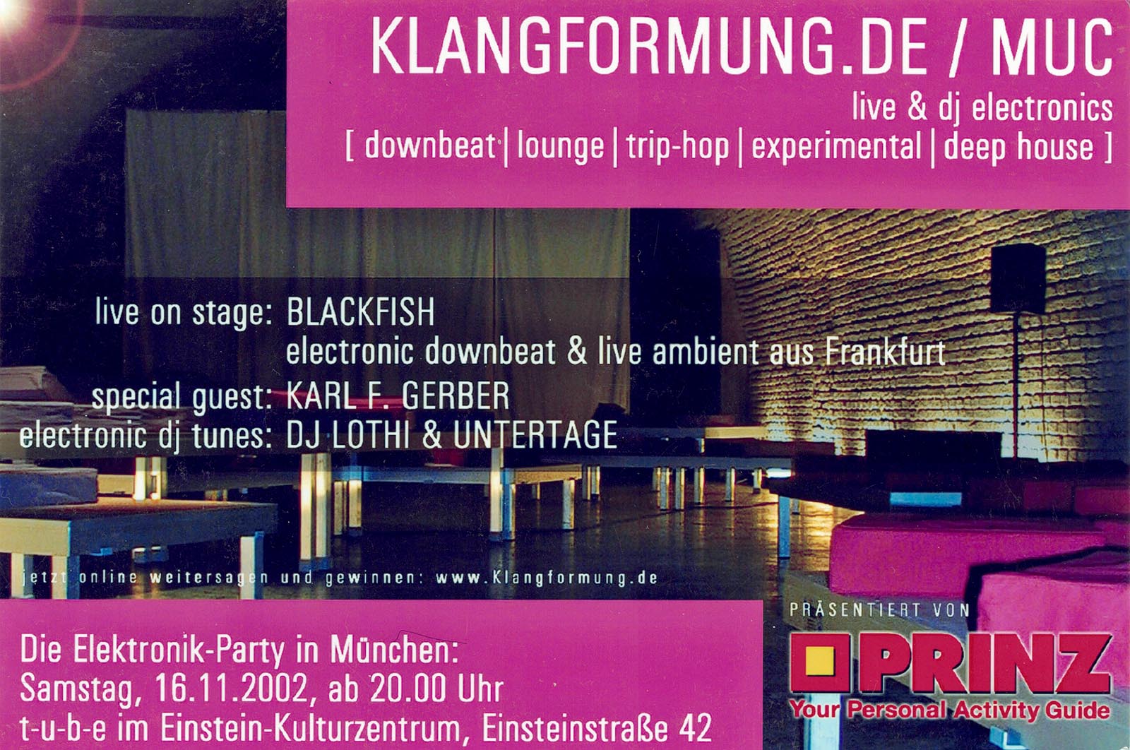 Klangformung.de MUC Flyer, München November 2002 – BLACKFISH live, DJ Lothi & Untertage, t-u-b-e im Einstein-Kulturzentrum